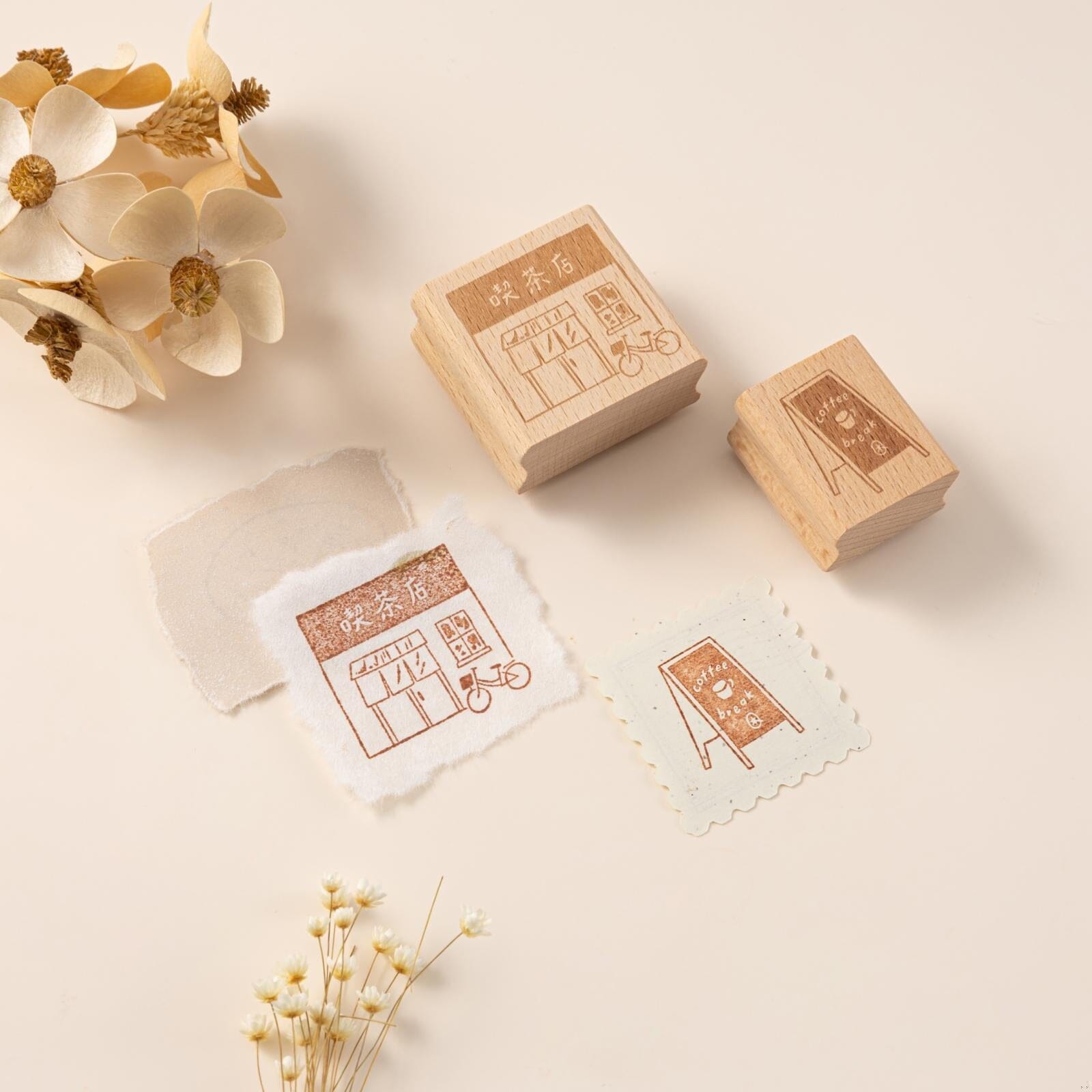 Hinoki - 'Into the Cafe' Engraved Wooden Stamps Set