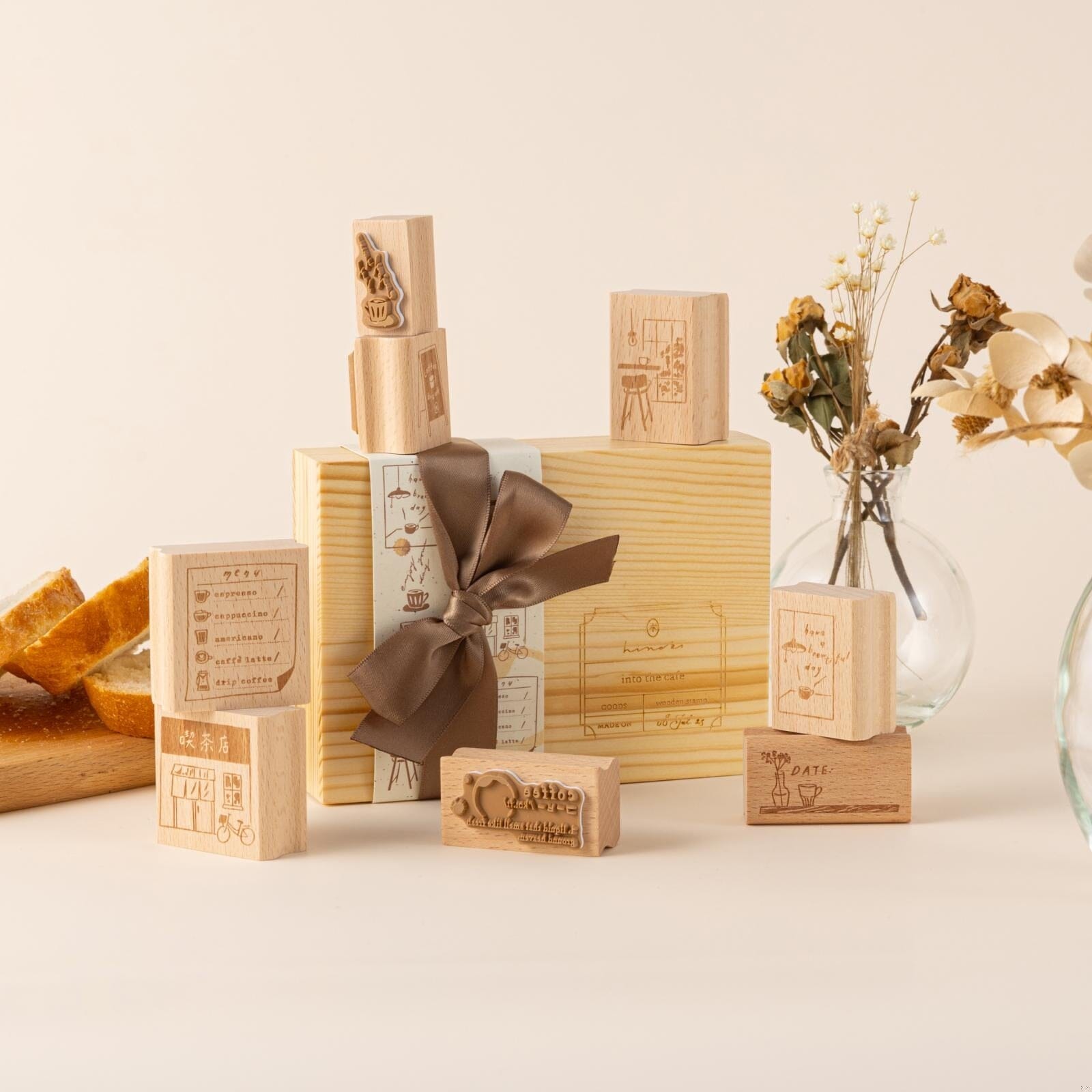 Hinoki - 'Into the Cafe' Engraved Wooden Stamps Set