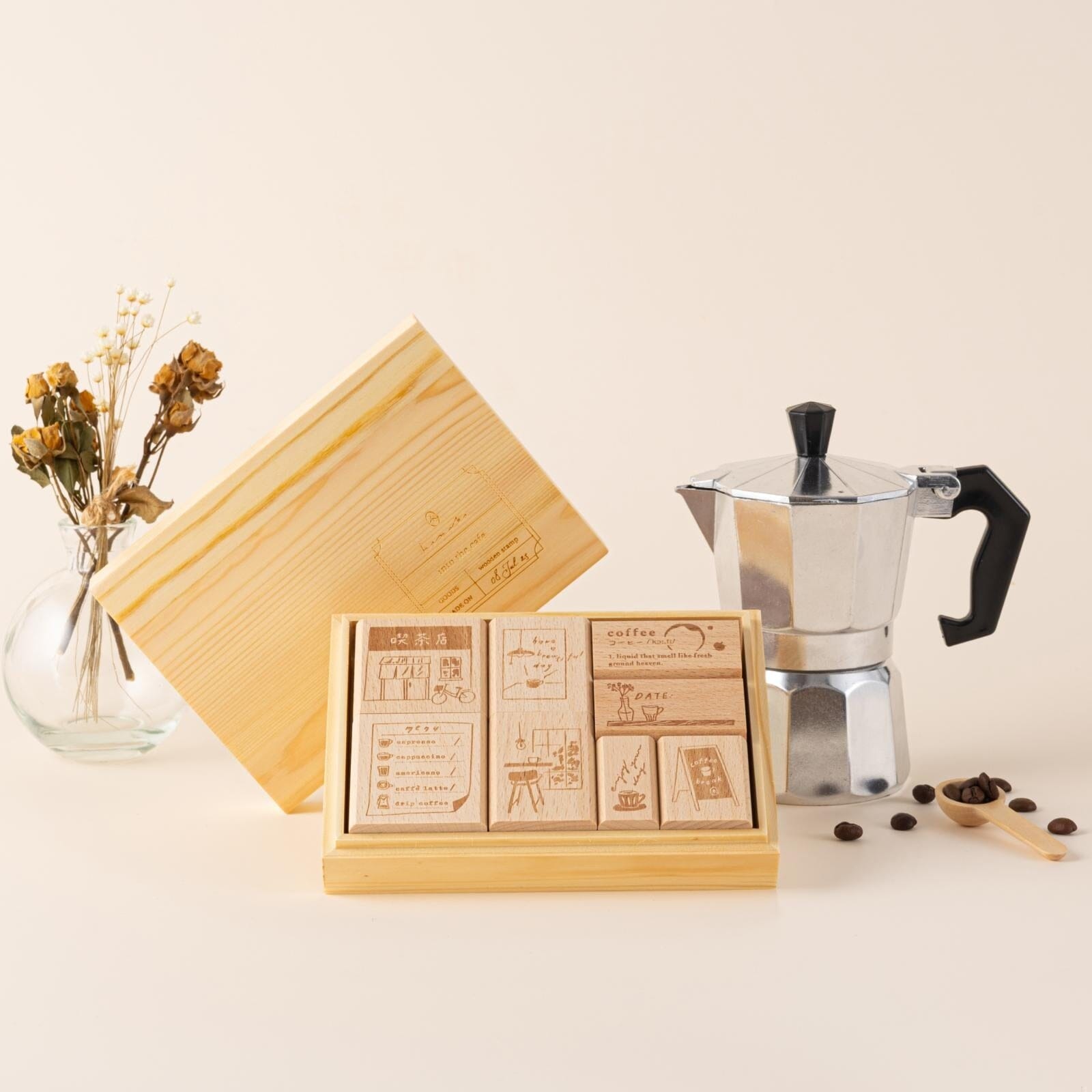 Hinoki - 'Into the Cafe' Engraved Wooden Stamps Set