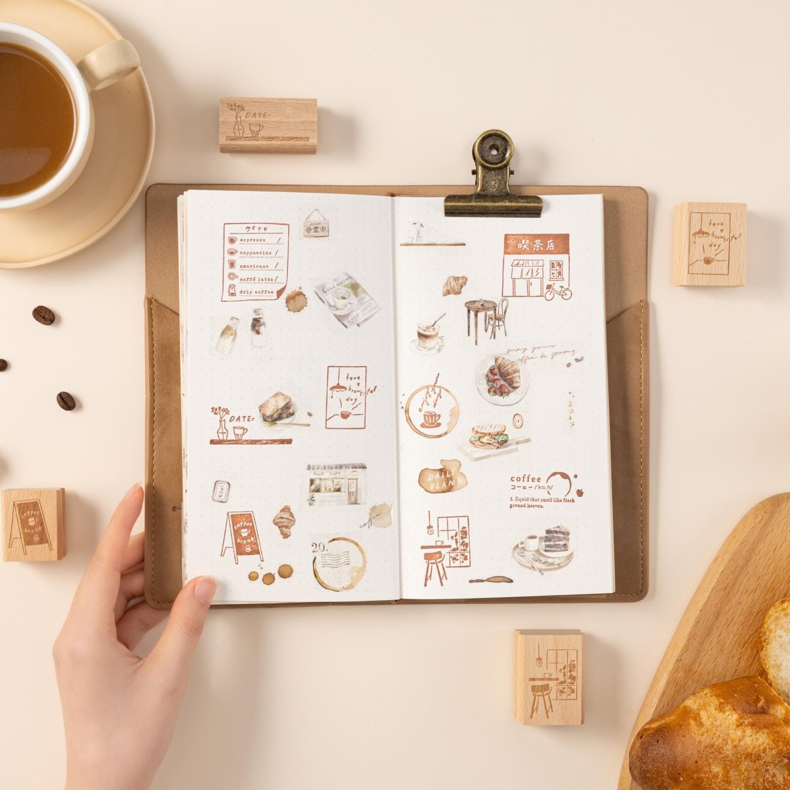 Hinoki - 'Into the Cafe' Engraved Wooden Stamps Set