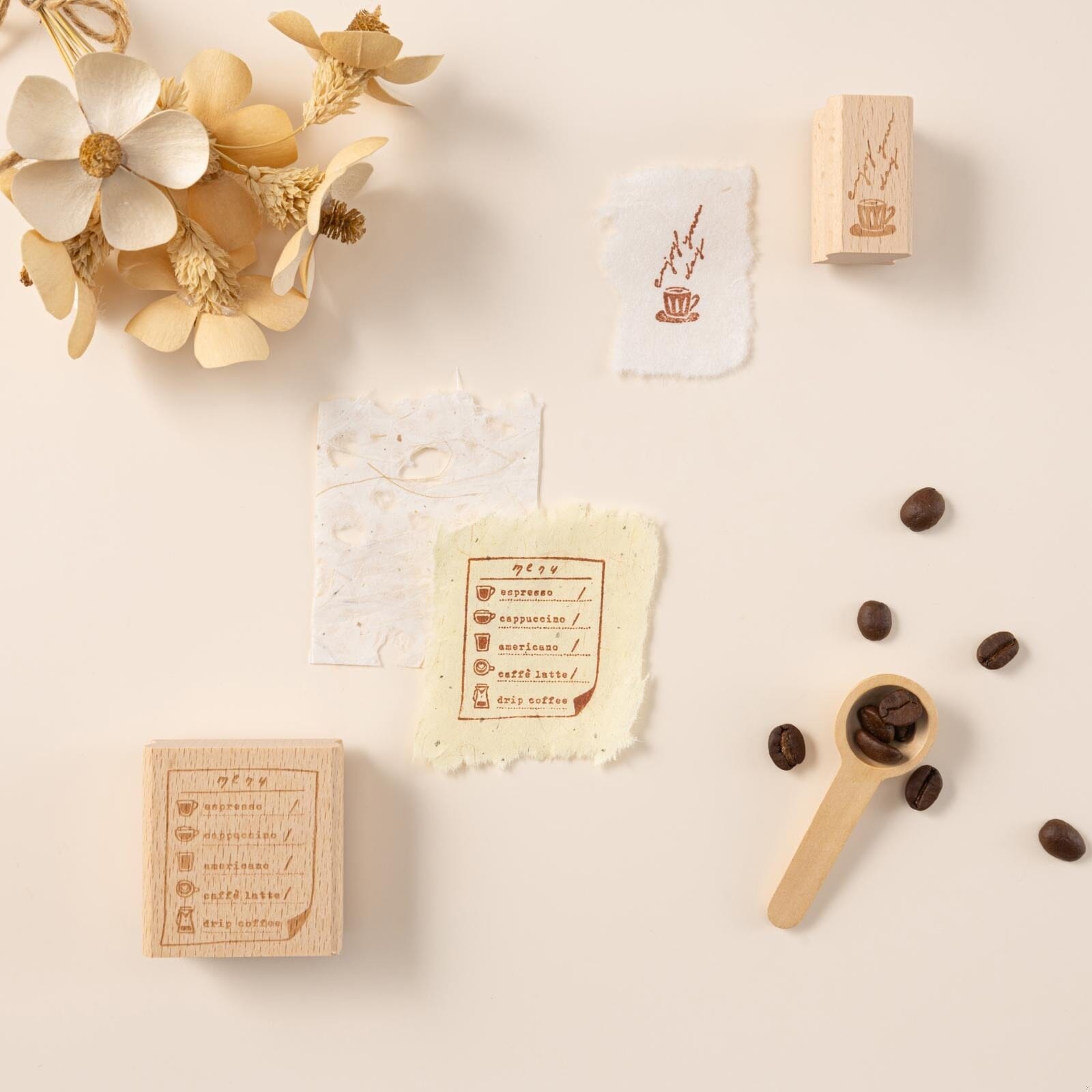 Hinoki - 'Into the Cafe' Engraved Wooden Stamps Set