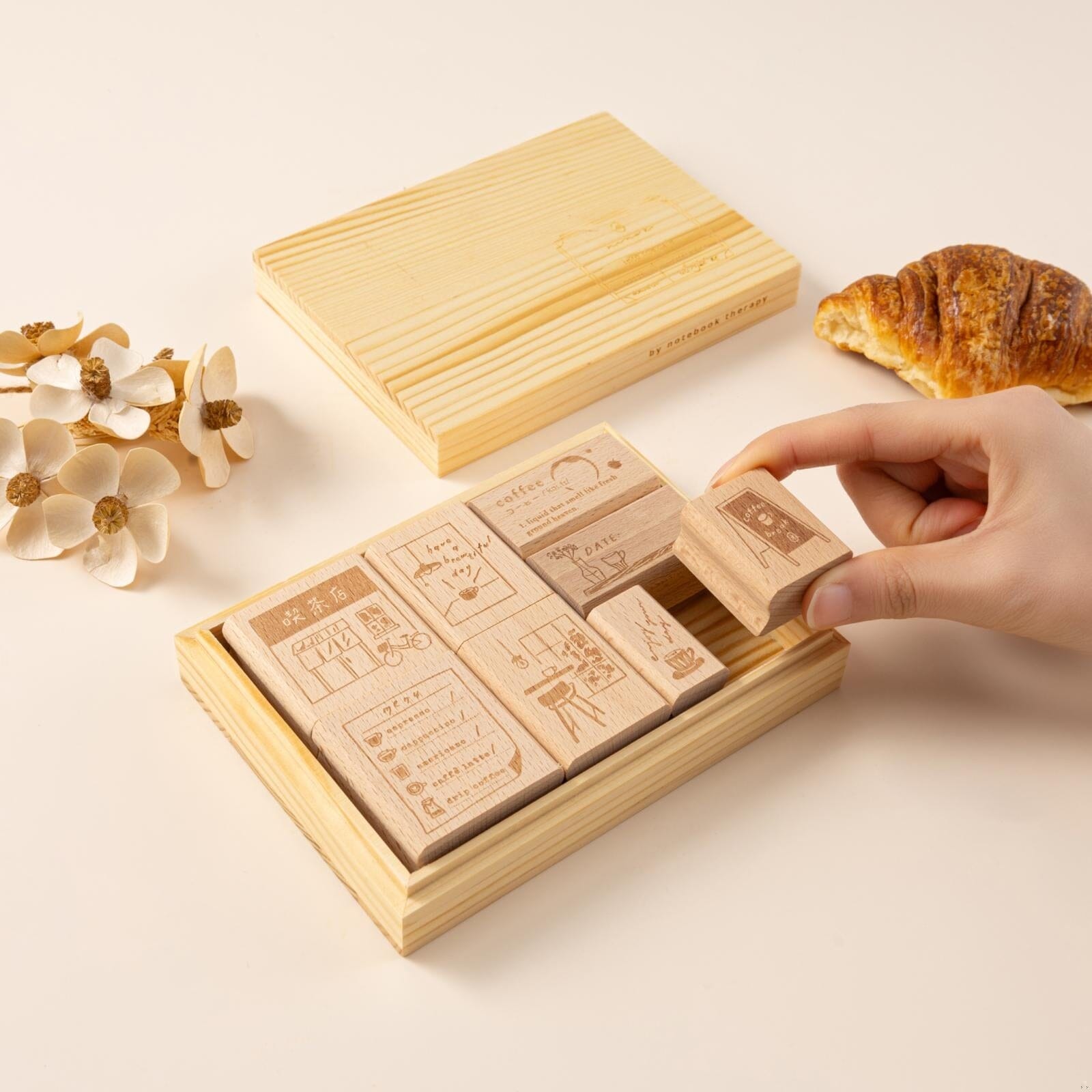 Hinoki - 'Into the Cafe' Engraved Wooden Stamps Set