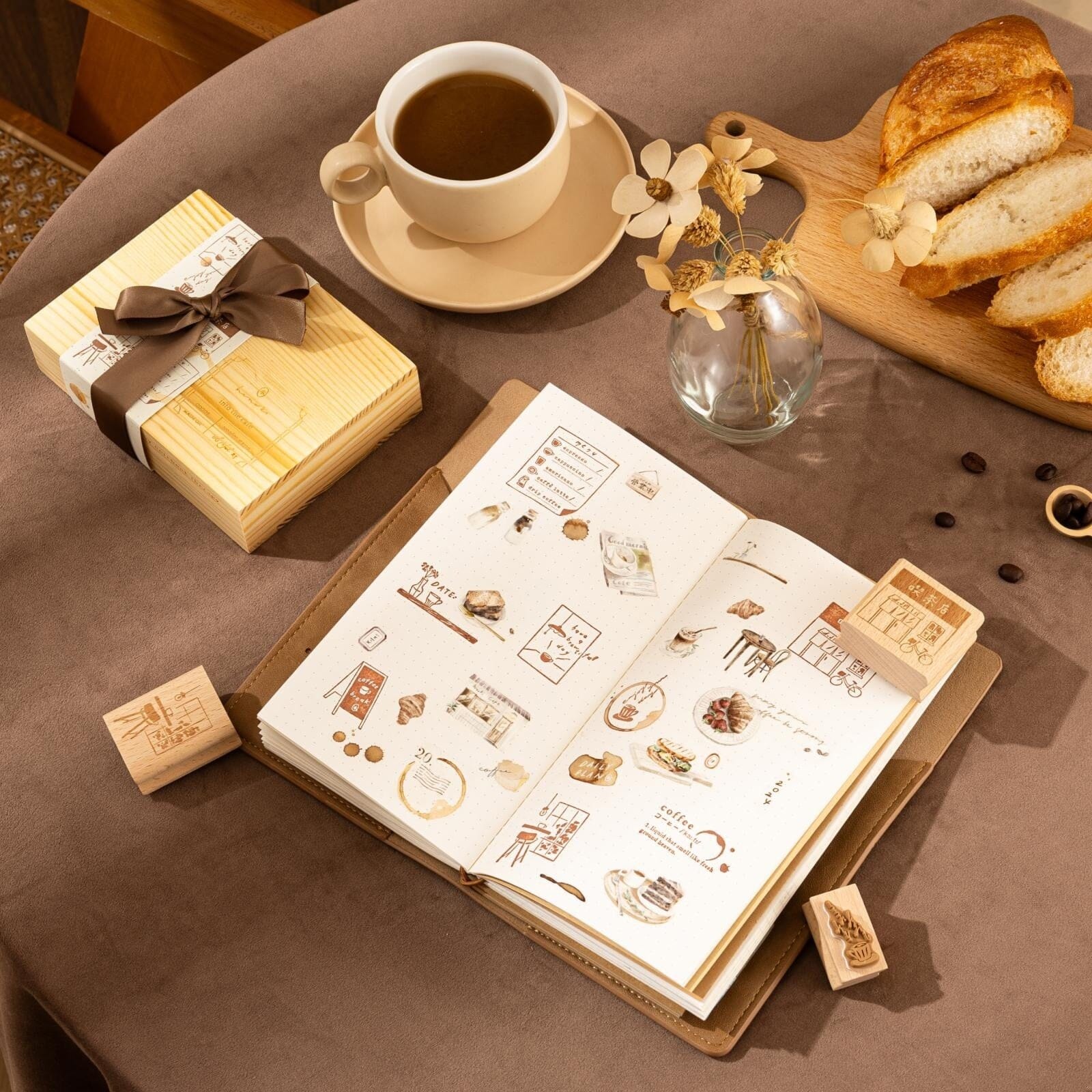 Hinoki - 'Into the Cafe' Engraved Wooden Stamps Set