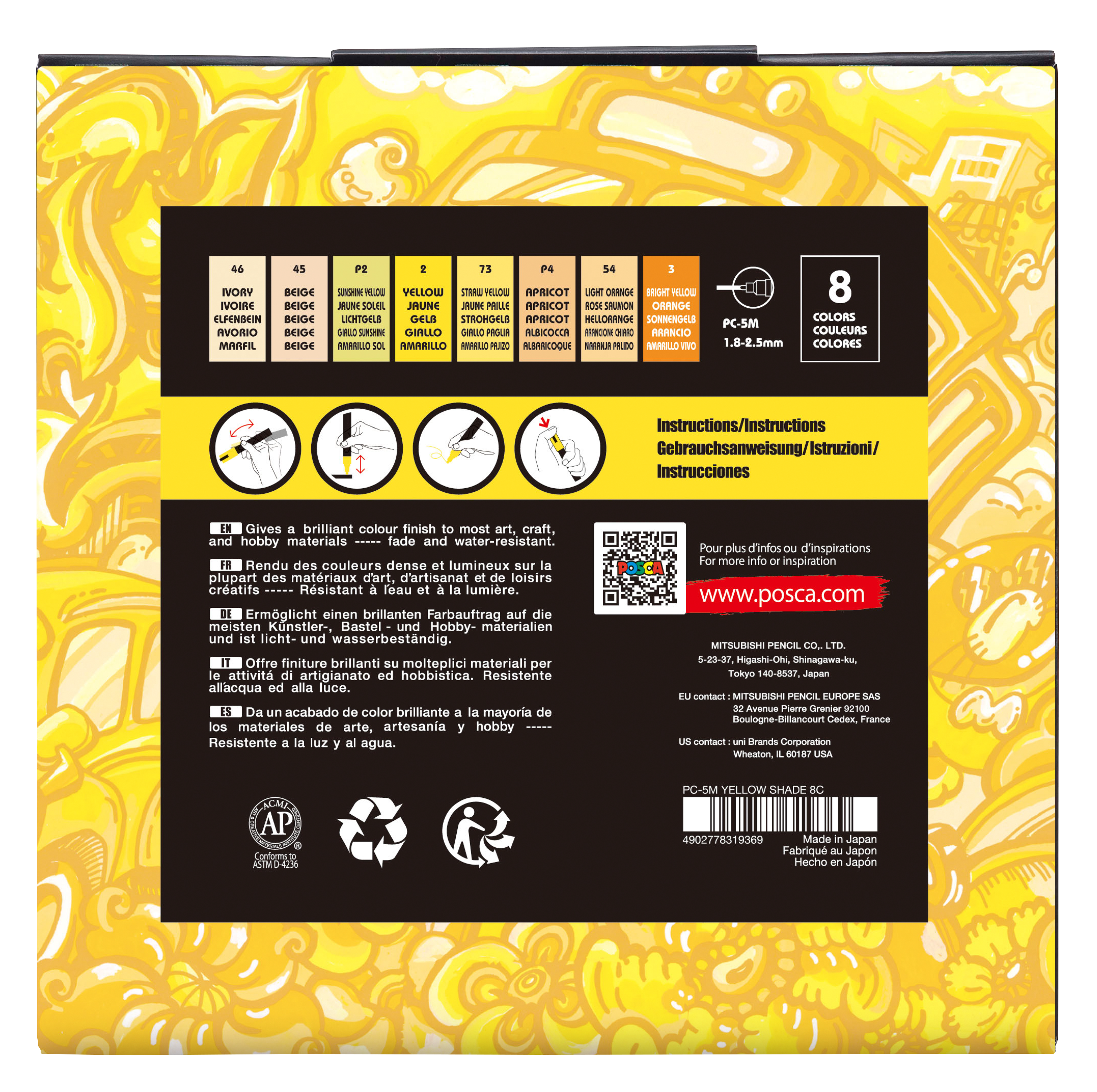 uni® POSCA® PC-5M, Yellow Shade Water-Based Paint Markers (8 Pack)